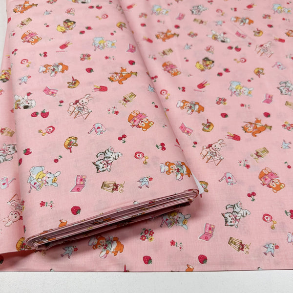 Tiny Animals in Pink By Atsuko Matsuyama Cotton Fabric, Yuwa Fabrics 30's Collection