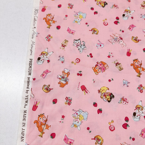 Tiny Animals in Pink By Atsuko Matsuyama Cotton Fabric, Yuwa Fabrics 30's Collection