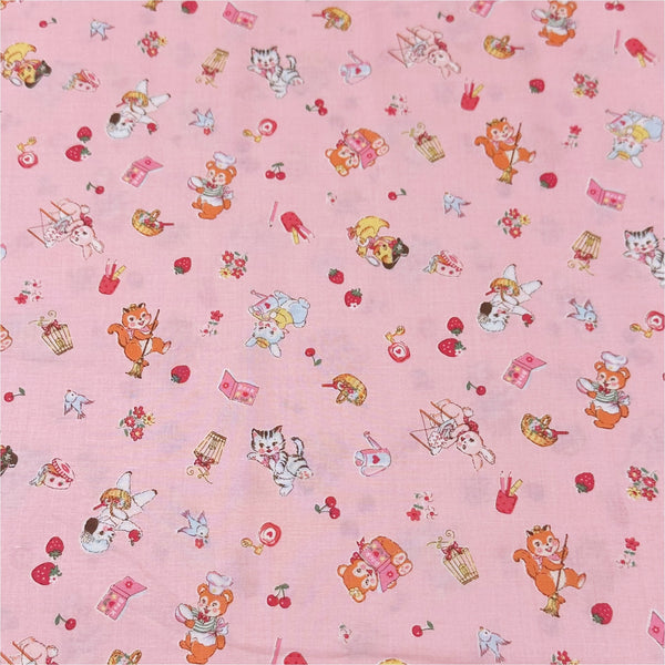 Tiny Animals in Pink By Atsuko Matsuyama Cotton Fabric, Yuwa Fabrics 30's Collection