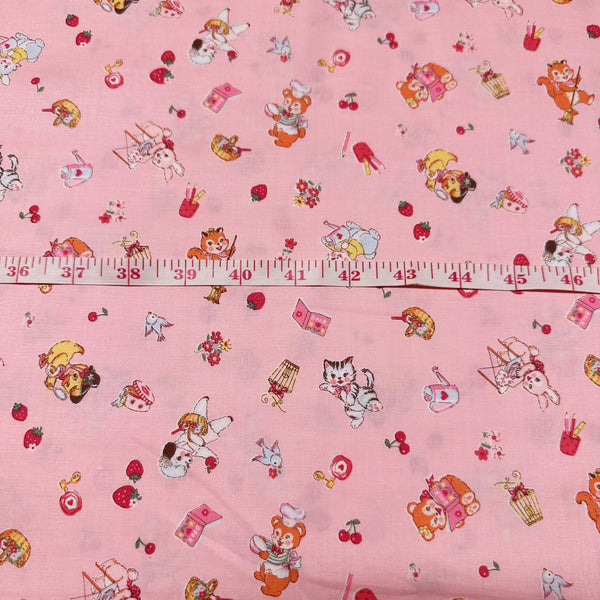 Tiny Animals in Pink By Atsuko Matsuyama Cotton Fabric, Yuwa Fabrics 30's Collection