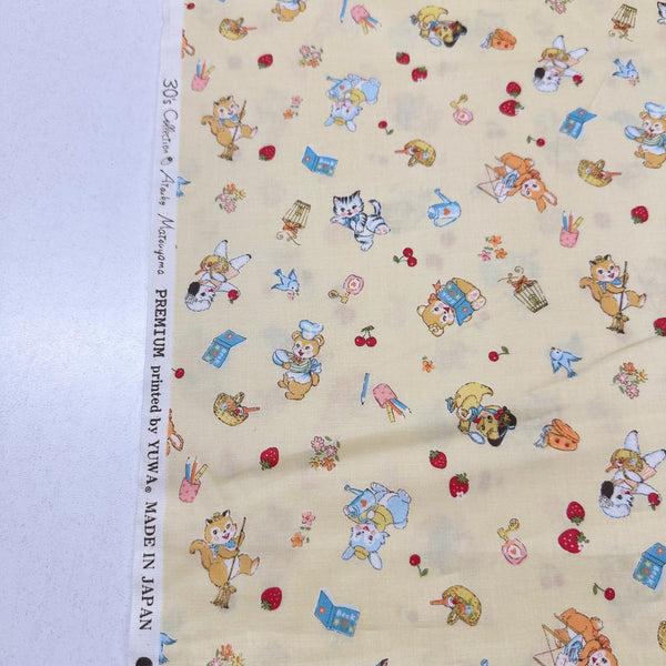 Tiny Animals in Yellow By Atsuko Matsuyama Cotton Fabric, Yuwa Fabrics 30's Collection