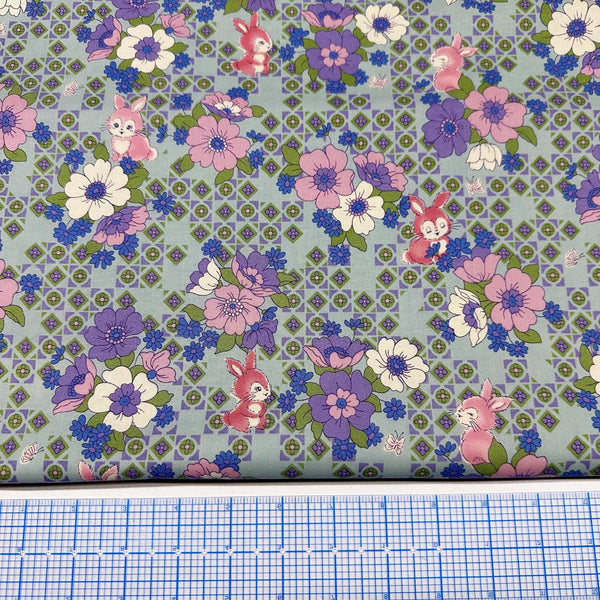 UN/NO Retro Bunny Floral Cotton Fabric, Imported from Japan