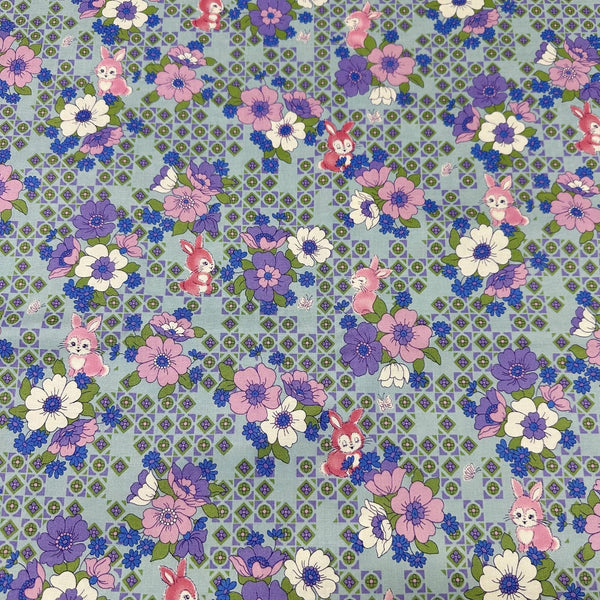 UN/NO Retro Bunny Floral Cotton Fabric, Imported from Japan