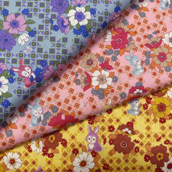 UN/NO Retro Bunny Floral Cotton Fabric, Imported from Japan
