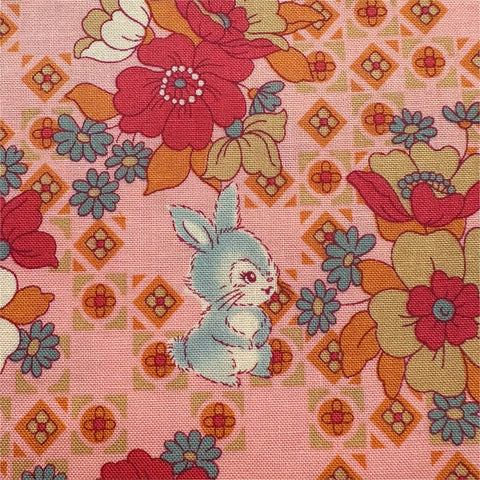 UN/NO Retro Bunny Floral Cotton Fabric, Imported from Japan, Pink