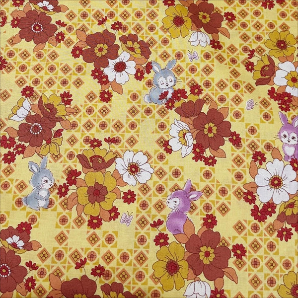 UN/NO Retro Bunny Floral Cotton Fabric, Imported from Japan, Yellow Orange