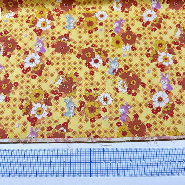 UN/NO Retro Bunny Floral Cotton Fabric, Imported from Japan, Yellow Orange