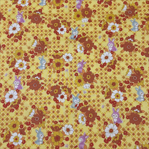 UN/NO Retro Bunny Floral Cotton Fabric, Imported from Japan, Yellow Orange