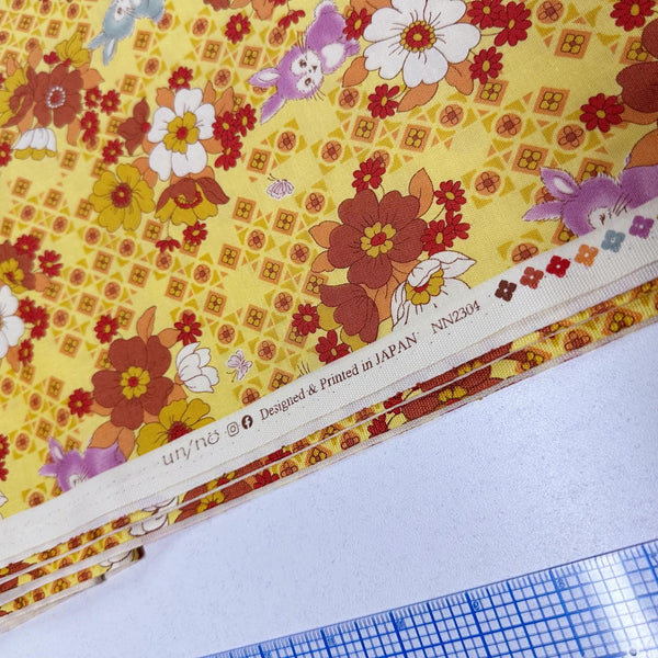 UN/NO Retro Bunny Floral Cotton Fabric, Imported from Japan, Yellow Orange