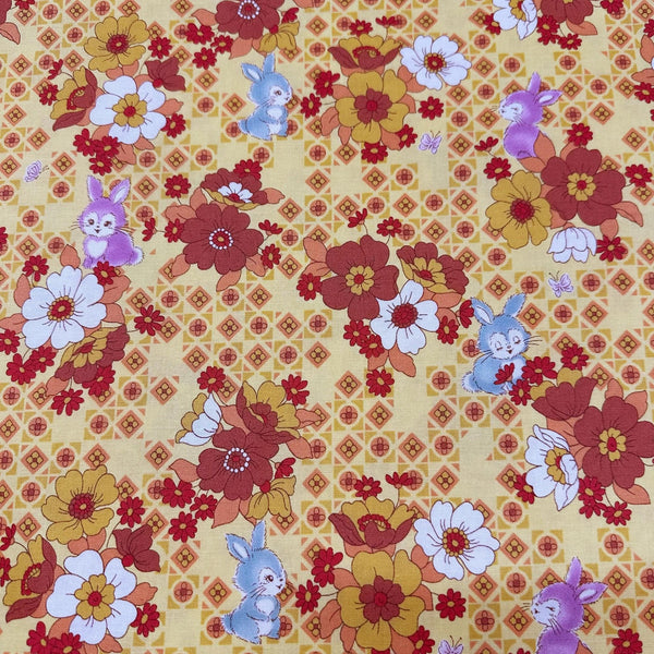 UN/NO Retro Bunny Floral Cotton Fabric, Imported from Japan, Yellow Orange