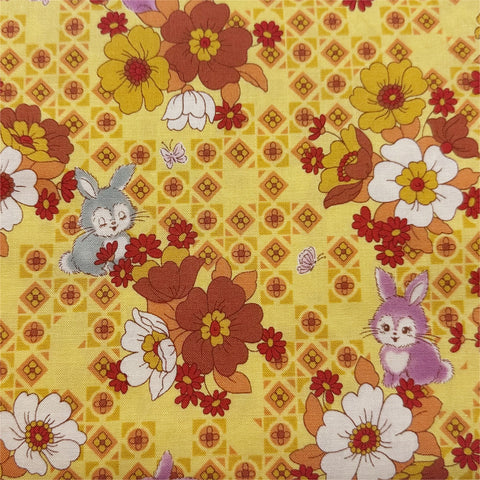 UN/NO Retro Bunny Floral Cotton Fabric, Imported from Japan, Yellow Orange