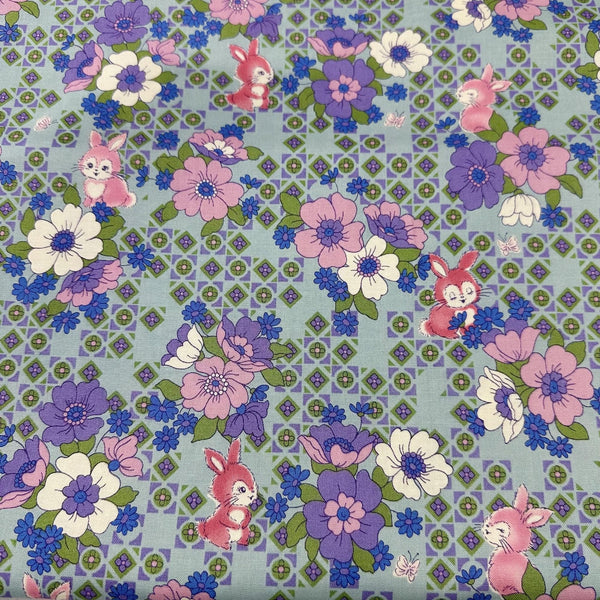 UN/NO Retro Bunny Floral Cotton Fabric, Imported from Japan
