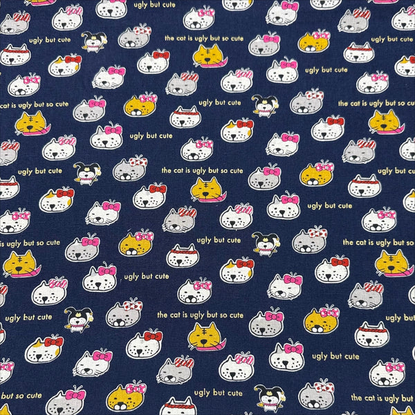 Ugly But Cute Cat Canvas Fabric in Blue - Cotton Linen Blend by Cotton Kobayashi