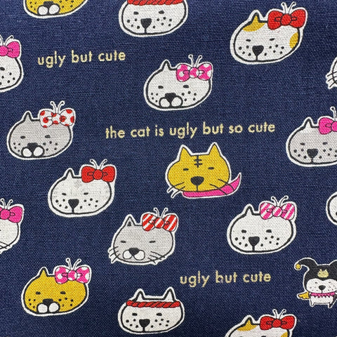 Ugly But Cute Cat Canvas Fabric in Blue - Cotton Linen Blend by Cotton Kobayashi