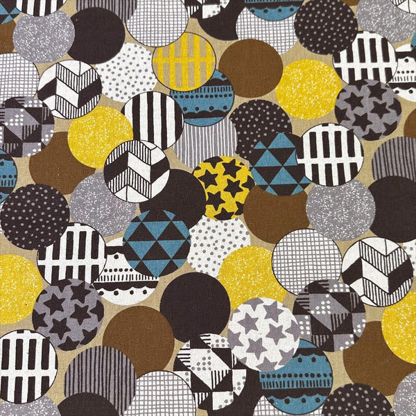 Vibrant Circles Print Canvas Fabric in Gold- Cotton Linen Blend, Imported From Japan