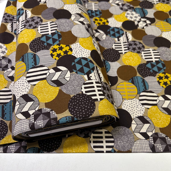Vibrant Circles Print Canvas Fabric in Gold- Cotton Linen Blend, Imported From Japan