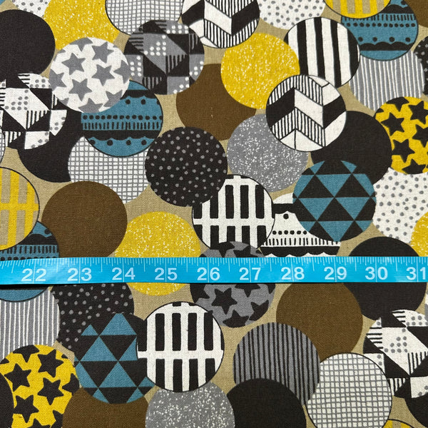 Vibrant Circles Print Canvas Fabric in Gold- Cotton Linen Blend, Imported From Japan