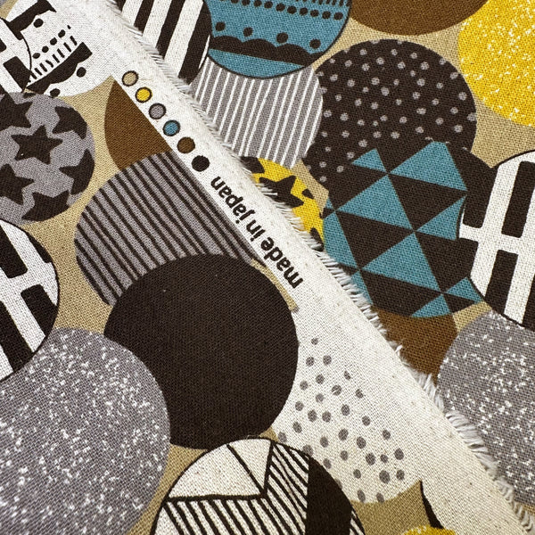Vibrant Circles Print Canvas Fabric in Gold- Cotton Linen Blend, Imported From Japan