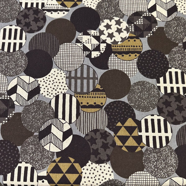 Vibrant Circles Print Canvas Fabric in Gray- Cotton Linen Blend, Imported From Japan
