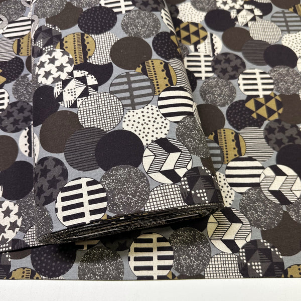 Vibrant Circles Print Canvas Fabric in Gray- Cotton Linen Blend, Imported From Japan