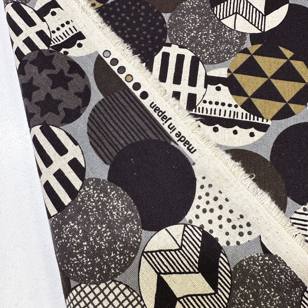 Vibrant Circles Print Canvas Fabric in Gray- Cotton Linen Blend, Imported From Japan