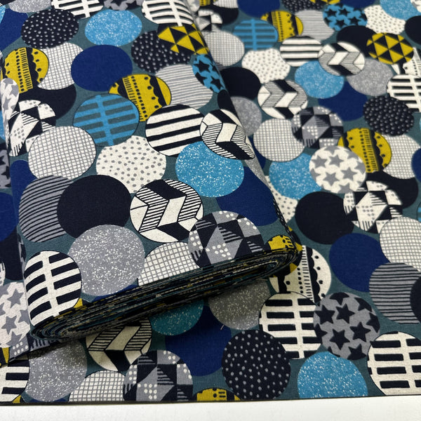 Vibrant Circles Print Canvas Fabric in Teal- Cotton Linen Blend, Imported From Japan