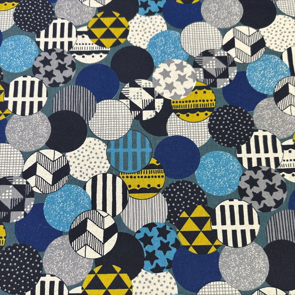 Vibrant Circles Print Canvas Fabric in Teal- Cotton Linen Blend, Imported From Japan