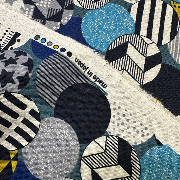 Vibrant Circles Print Canvas Fabric in Teal- Cotton Linen Blend, Imported From Japan