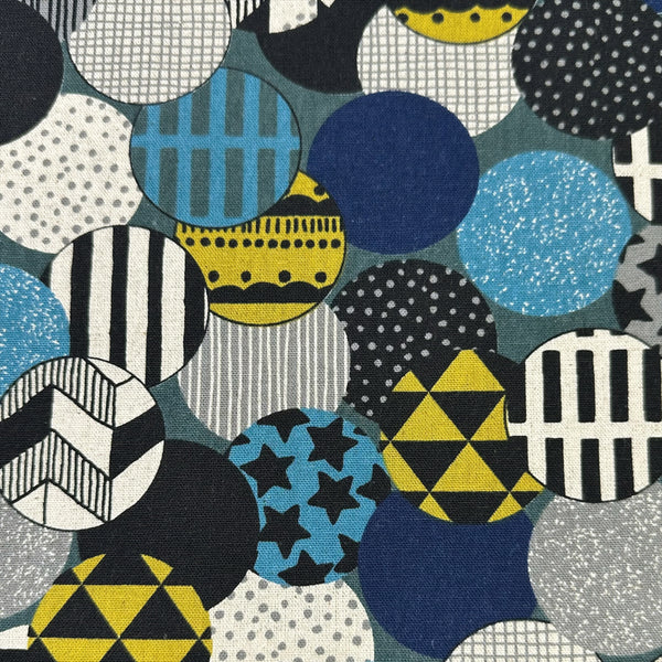 Vibrant Circles Print Canvas Fabric in Teal- Cotton Linen Blend, Imported From Japan