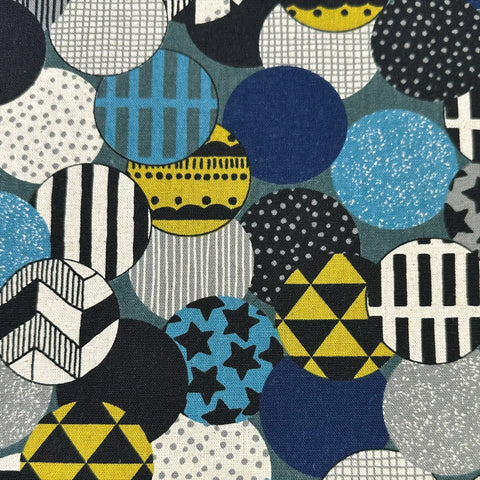 Vibrant Circles Print Canvas Fabric in Teal- Cotton Linen Blend, Imported From Japan