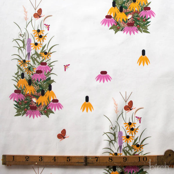 Scale of Wildflowers organic cotton poplin fabric by Charley Harper for Birch Fabrics featuring a mid-century minimal realism floral design with an airy feel.
