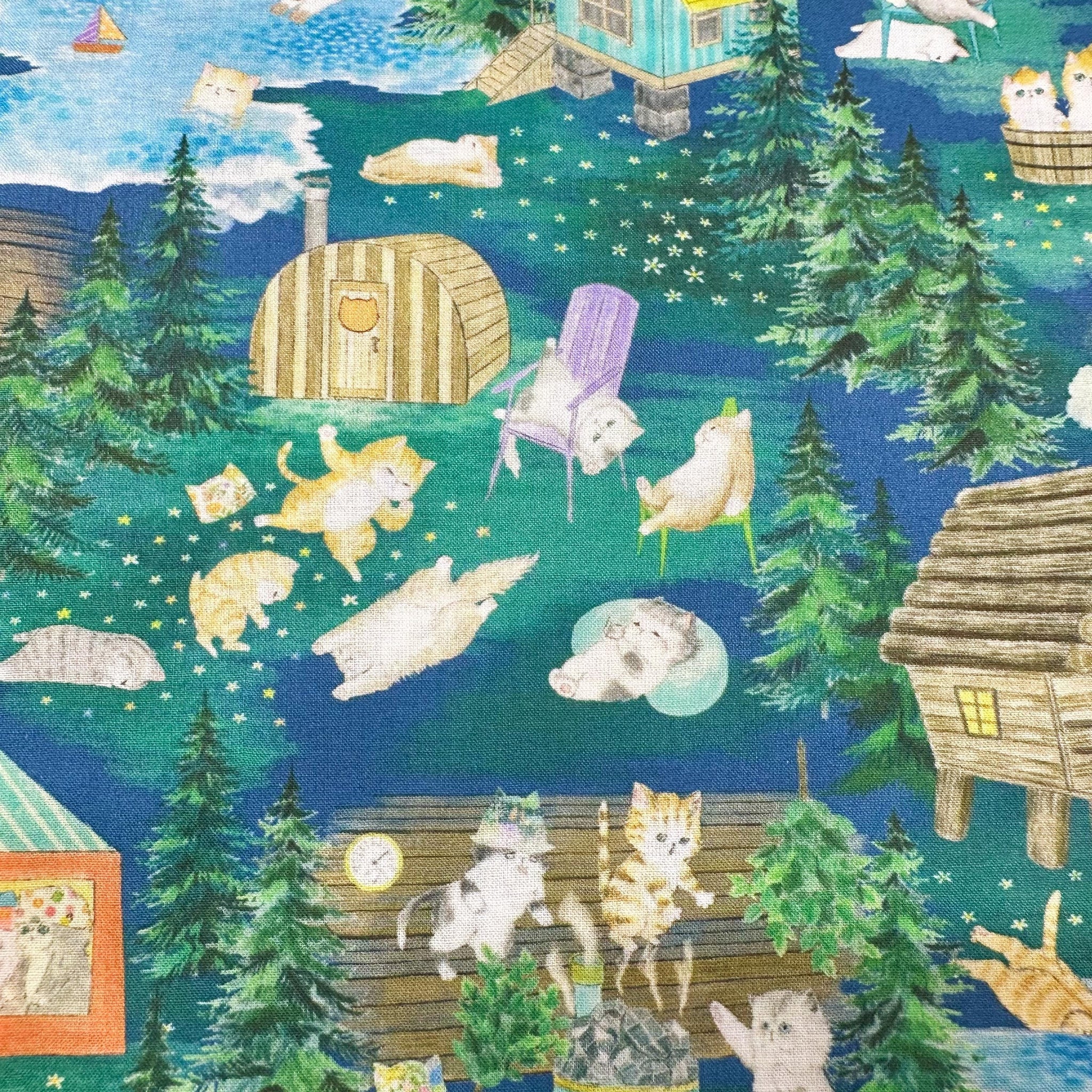 Yukiemon Whimsical Kitties Cats Cotton LAWN Fabric, Imported from Japan, Lightweight Delicate Lawn Fabric, Dk Green