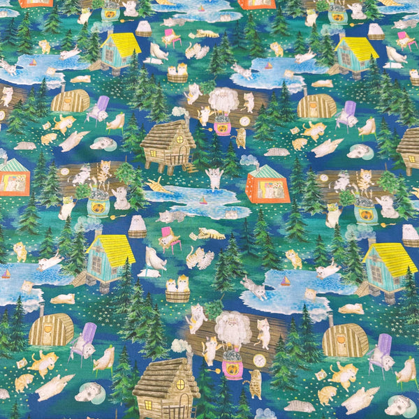 Yukiemon Whimsical Kitties Cats Cotton LAWN Fabric, Imported from Japan, Lightweight Delicate Lawn Fabric, Dk Green