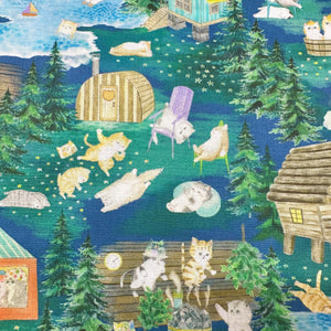 Yukiemon Whimsical Kitties Cats Cotton LAWN Fabric, Imported from Japan, Lightweight Delicate Lawn Fabric, Dk Green