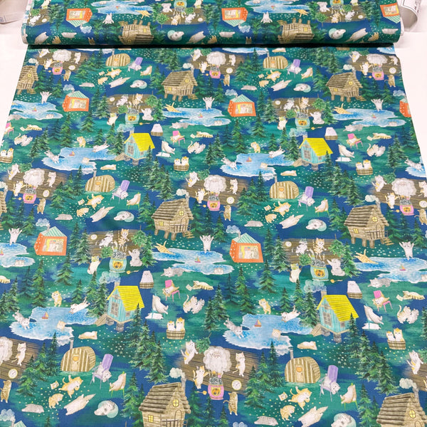 Yukiemon Whimsical Kitties Cats Cotton LAWN Fabric, Imported from Japan, Lightweight Delicate Lawn Fabric, Dk Green