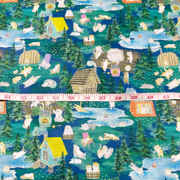 Yukiemon Whimsical Kitties Cats Cotton LAWN Fabric, Imported from Japan, Lightweight Delicate Lawn Fabric, Dk Green
