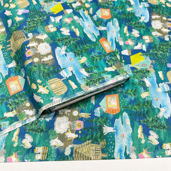 Yukiemon Whimsical Kitties Cats Cotton LAWN Fabric, Imported from Japan, Lightweight Delicate Lawn Fabric, Dk Green