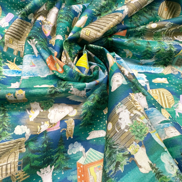 Yukiemon Whimsical Kitties Cats Cotton LAWN Fabric, Imported from Japan, Lightweight Delicate Lawn Fabric, Dk Green