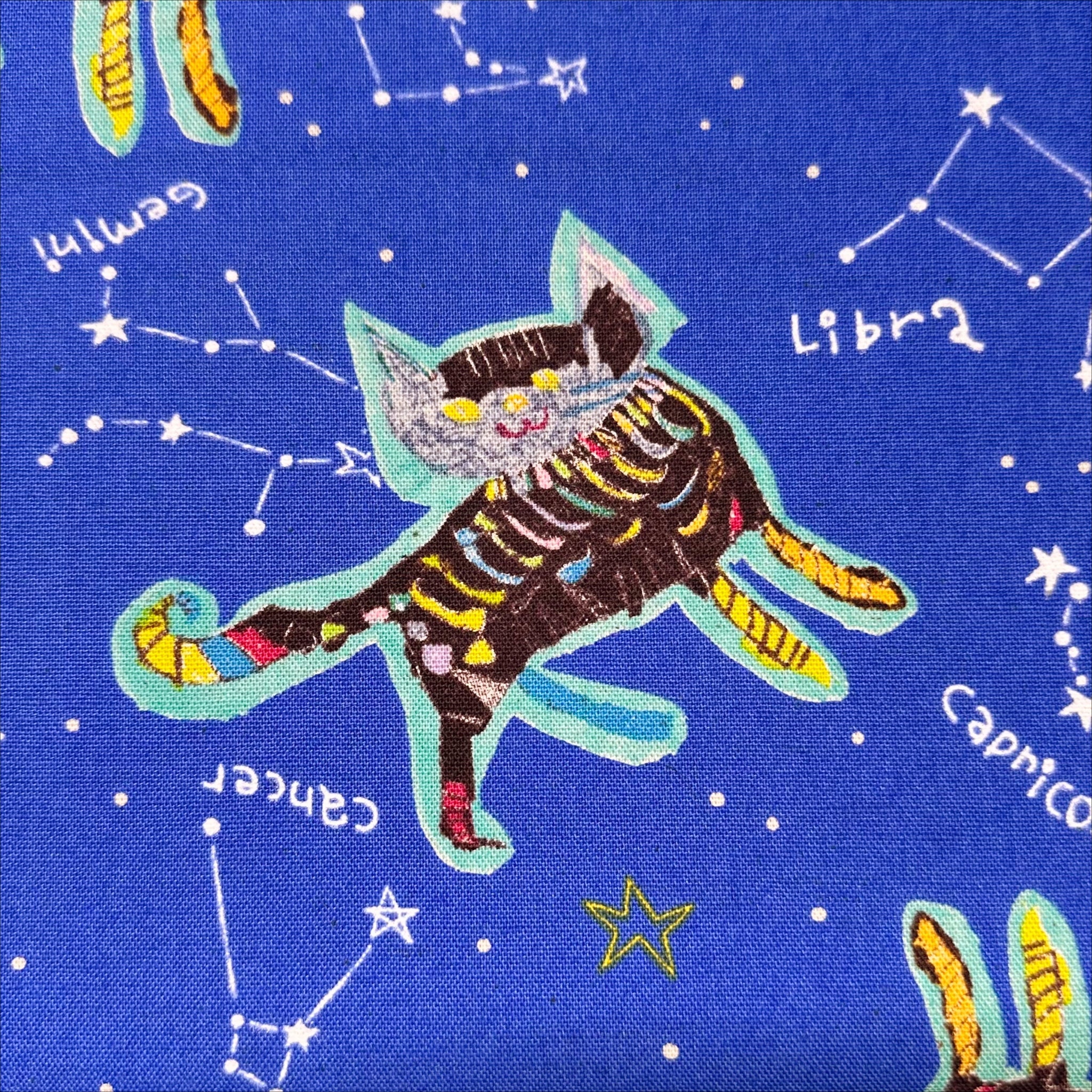 Zodiac Constellation Cats Canvas Fabric on Blue - Cotton Linen Blend by Cotton Kobayashi