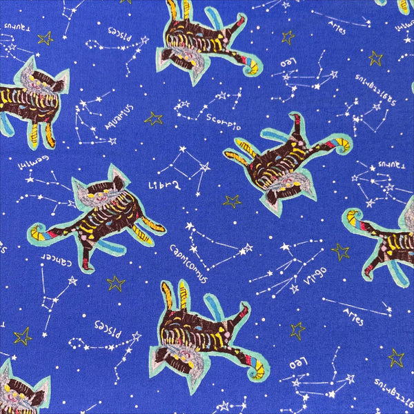 Zodiac Constellation Cats Canvas Fabric on Blue - Cotton Linen Blend by Cotton Kobayashi