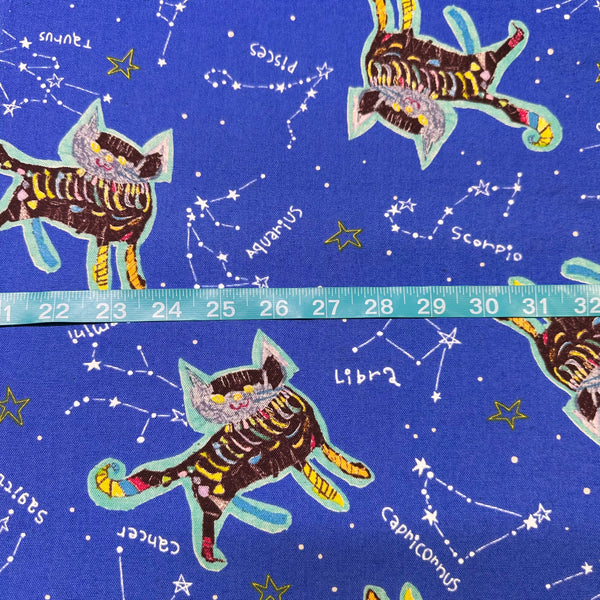 Zodiac Constellation Cats Canvas Fabric on Blue - Cotton Linen Blend by Cotton Kobayashi