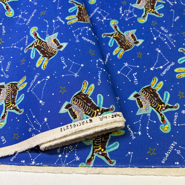 Zodiac Constellation Cats Canvas Fabric on Blue - Cotton Linen Blend by Cotton Kobayashi