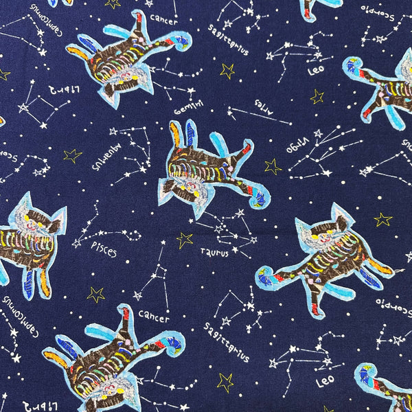 Zodiac Constellation Cats Canvas Fabric on Navy - Cotton Linen Blend by Cotton Kobayashi