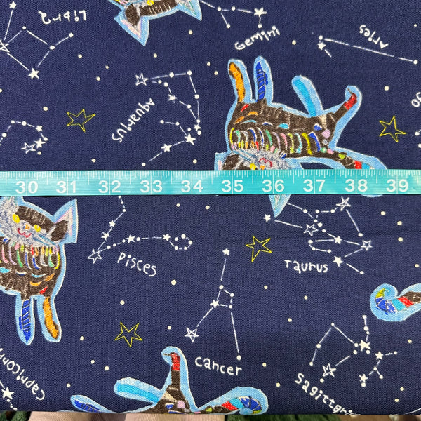 Zodiac Constellation Cats Canvas Fabric on Navy - Cotton Linen Blend by Cotton Kobayashi