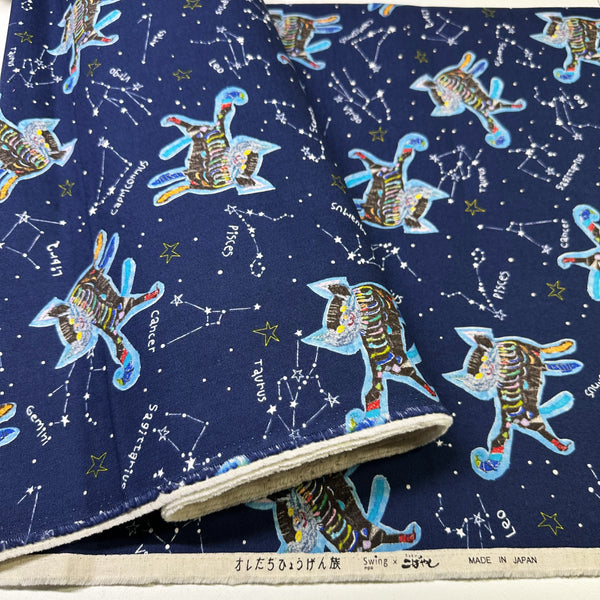Zodiac Constellation Cats Canvas Fabric on Navy - Cotton Linen Blend by Cotton Kobayashi