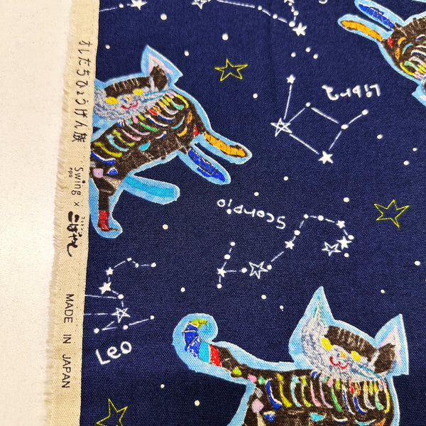 Zodiac Constellation Cats Canvas Fabric on Navy - Cotton Linen Blend by Cotton Kobayashi