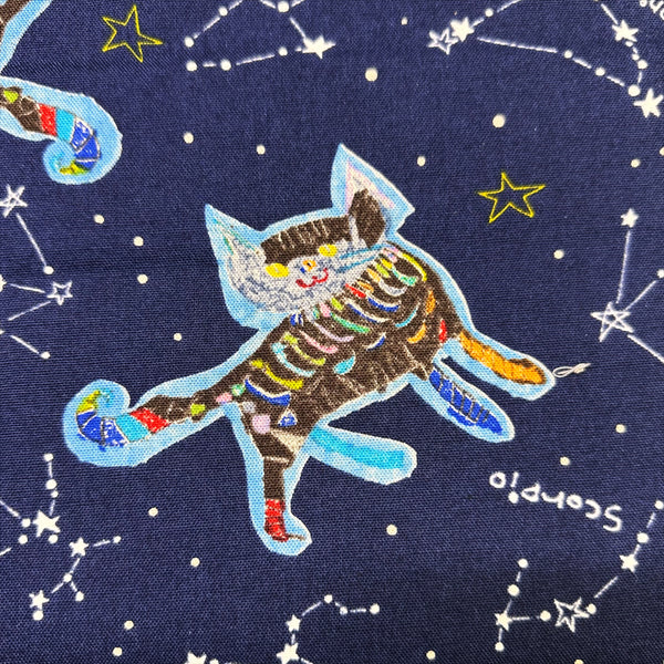 Zodiac Constellation Cats Canvas Fabric on Navy - Cotton Linen Blend by Cotton Kobayashi