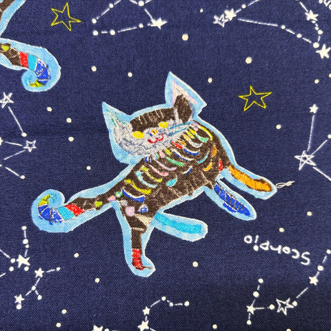 Zodiac Constellation Cats Canvas Fabric on Navy - Cotton Linen Blend by Cotton Kobayashi