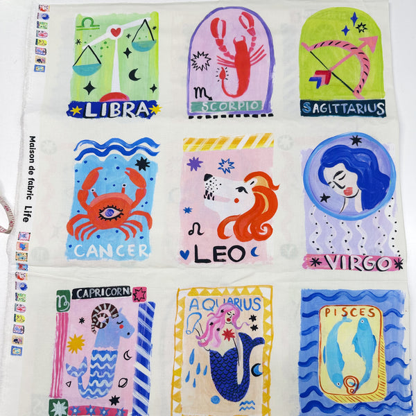Zodiac Horoscope Sign Cards Cotton Fabric-White, Maison de Fabric, Imported from Japan
