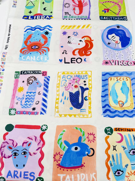 Zodiac Horoscope Sign Cards Cotton Fabric-White, Maison de Fabric, Imported from Japan